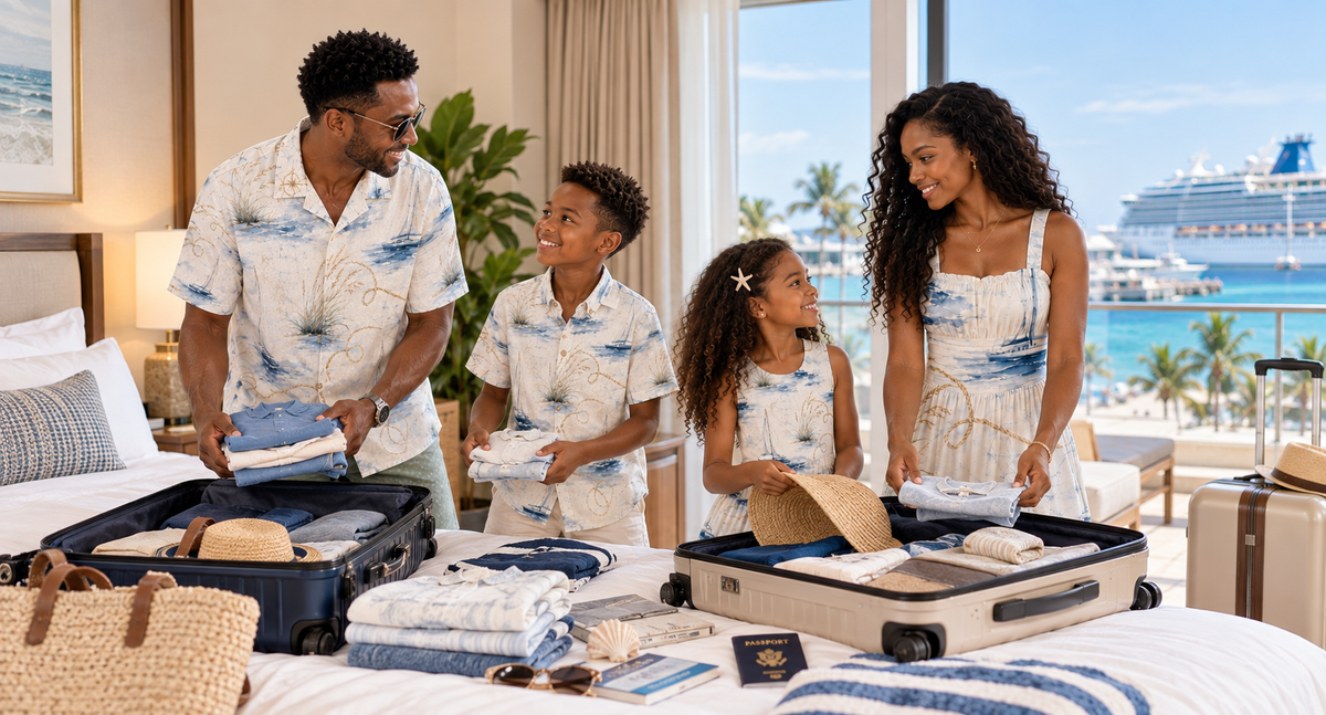 Family packing luggage for a cruise or beach resort vacation