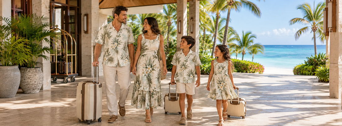 Family of four arriving at a Bahamas beach resort with luggage