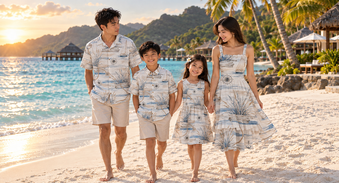 Family walking together along a tropical beach during a Fiji family vacation