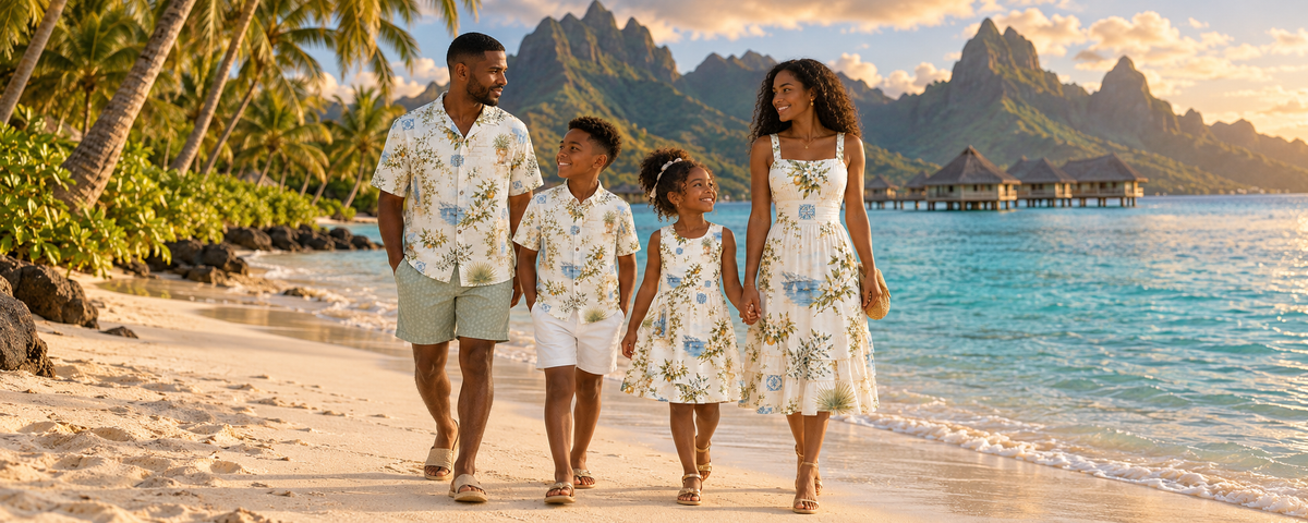 Family walking along a tropical beach in Tahiti at golden hour