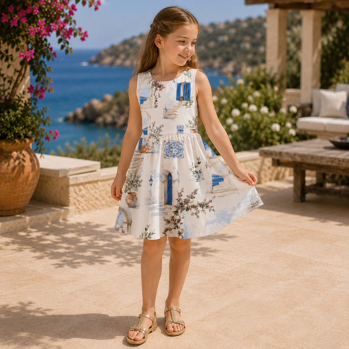 Azure Courtyard Girls’ Dress
